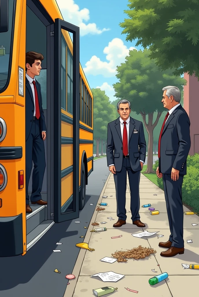 A student exiting the bus door seeing the school principal receiving a ticket for extraordinary littering
