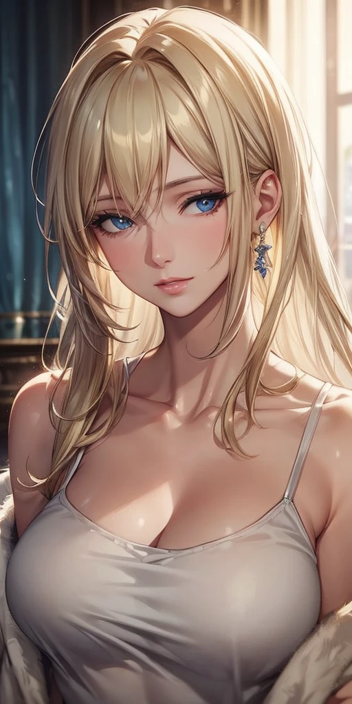 portrait, realistic, elegant mature woman, blue eyes, blonde hair, 4k resolution cg, beautiful cg, soft light