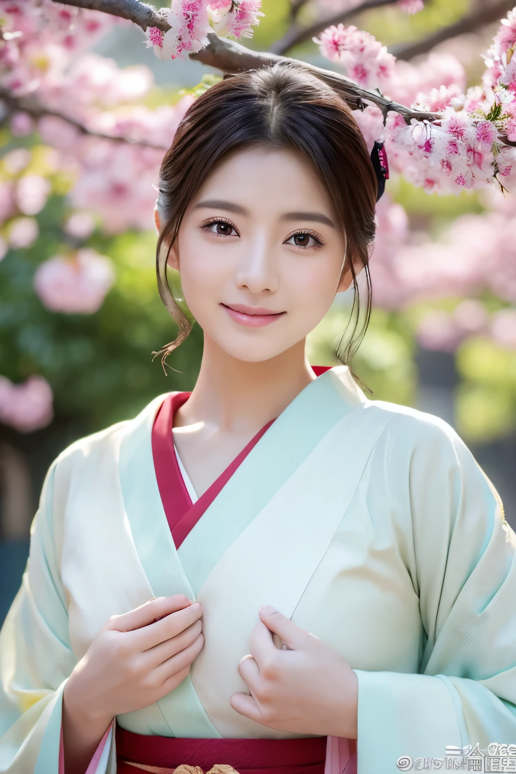 ((top-quality、8K、masuter piece:1.3))、(Beautiful, Realistic Japan),1 female、Sunny clothes in Japan、japanese kimono、(Big Tits:1.2)、perfect anatomia、Beautiful limbs、New Year、hyperdetailed face、High detailed lips、A detailed eye、double eyelid 、snowflakes falling、(Kadomatsu、Shimenawa ornament、New Year's decorations)、large tree、naturey、kou、a white world、Happy New Year、