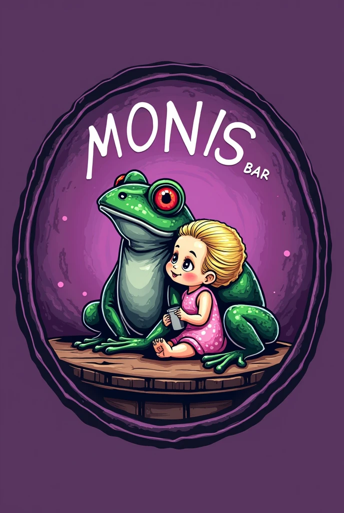 logo for a bar in a circle , what say (MONIS BAR) purple with a small frog and a blonde doll