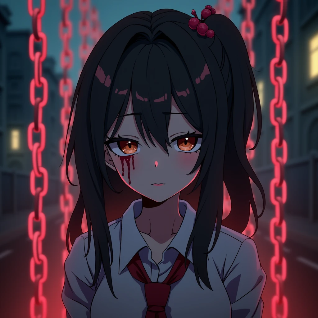 masterpiece, best quality, looking at viewer, facing viewer, bare legs, 1girl, solo, upper body, bow, serafuku, disgusted face, night time, heavy rain, outdoors, city, crop top, navel, wet clothes, drenched, overly long sleeves, hands in sleeves, blood tears, blood marks, dark alleyway, blood splattered on the ground, red bright light, glowing eyes, depth of field