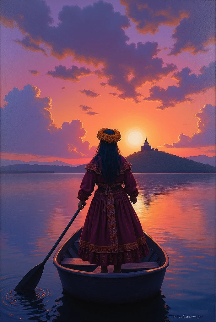 An oil painting alluding to the Day of the Dead in Pátzcuaro, a sky with sunset in purple and orange tones, the island of janitzio, the lake, and in front a Purepecha woman with her back turned on a boat