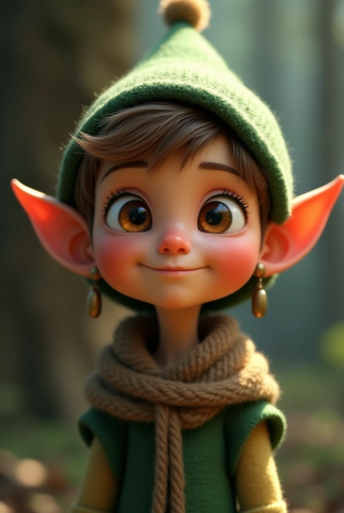 Create an animated elf where he expresses that his voice is squeaky , that he has brown eyes like the trunks of a tree with very soft skin and a hat