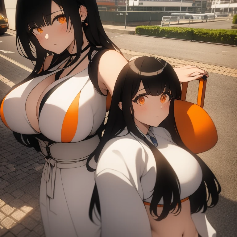 ((adult woman with 2 naked women walking)),(long black hair, smile)),((hairy pussy, very large pussy piercing, chest piercing, big breasts, hugged with a kiss,((younger girl , with very long yellow hair, very small breasts, in the car, mini skirt without panties, open shirt))), at the door of the house,