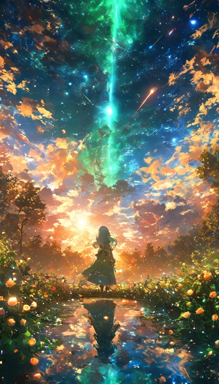 masterpiece, Concept Art, Panorama, in the center, shape, Wide Shot, garden, night, (meteor), Space galaxy background, (Great composition, Epic Scale), Dynamic Lighting, Bright colors, Blue rose,Landscape Long Eyelashes, Round eyes, Silver Hair, Half-closed eyes, sad, Cast a Shadow, Anaglyph, Stereogram, tachi-e, Atmospheric perspective, Wide Shot, reflected light, 8k, Super Detail, Highest quality, Anatomically correct,green