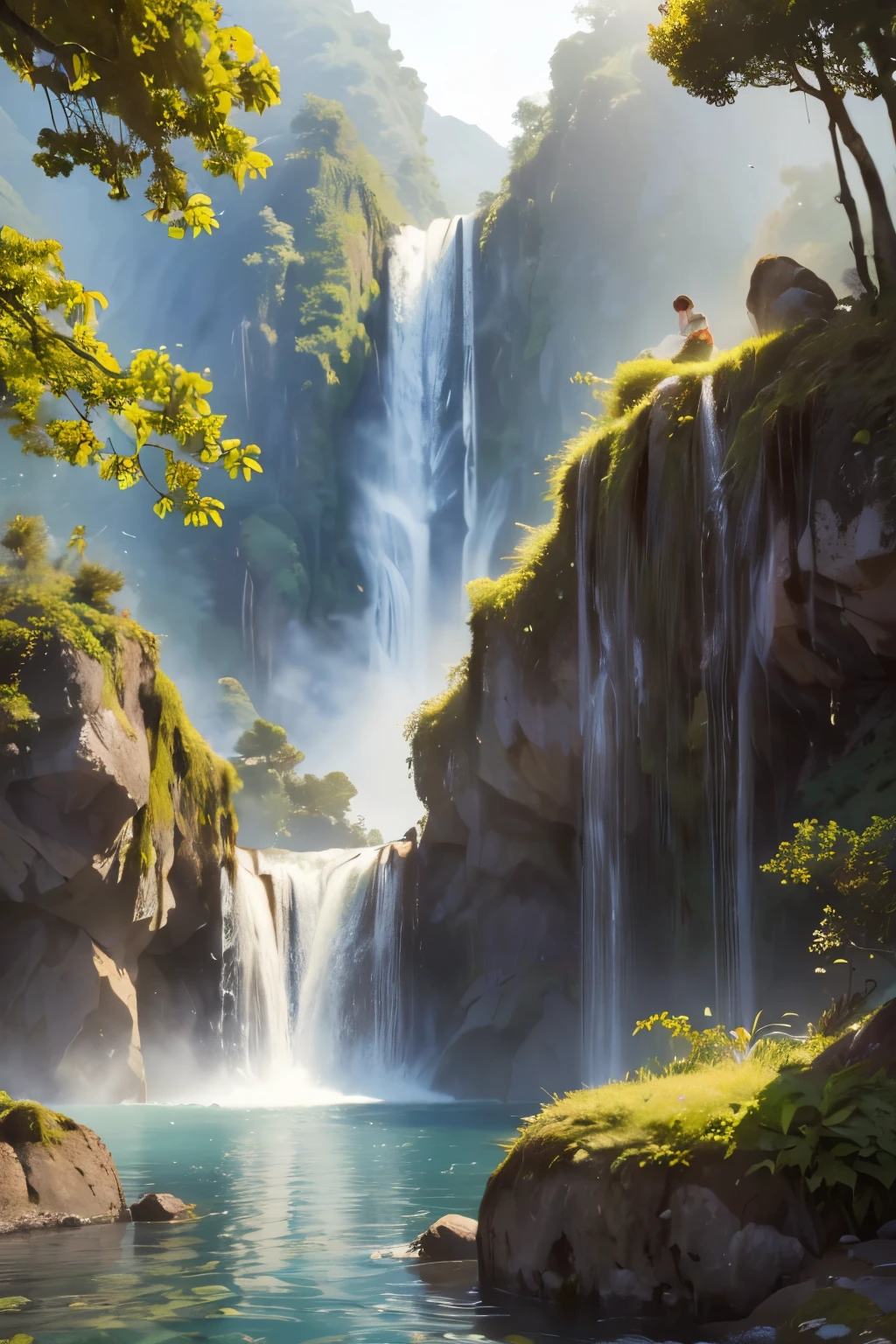 (Masterpiece, Best Quality, High Quality, Highres:1.4), Detailed, Extremely Detailed, Ambient Soft Lighting, 4K,Blurry, Blurry Background, Depth of Field, Bokeh, DOF, Fog, Bloom, Outdoors, (Nature, tropical forest:1.2), (Rocks:1.2), Mountais, Plants, waterfall,