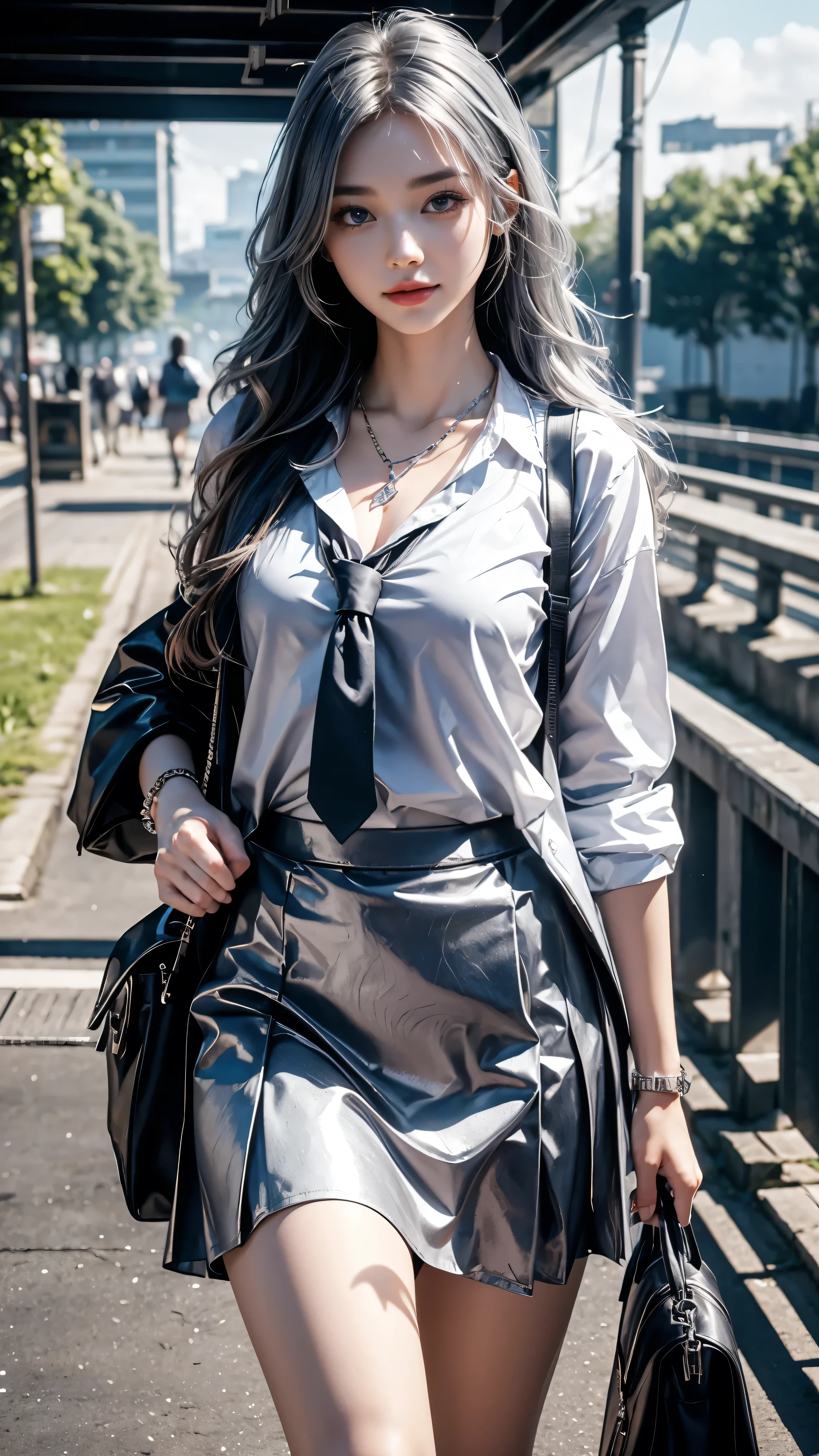 8k, HD, masterpiece, 1 girl, good face, happy face, detailed eyes, very long hair, collar, (School uniform), (silver skirt), Atar, school bag, On Bridge, cloudy weather, Realism, depth of field, 3D, unreal engine 5, ray tracing, flowing wind,