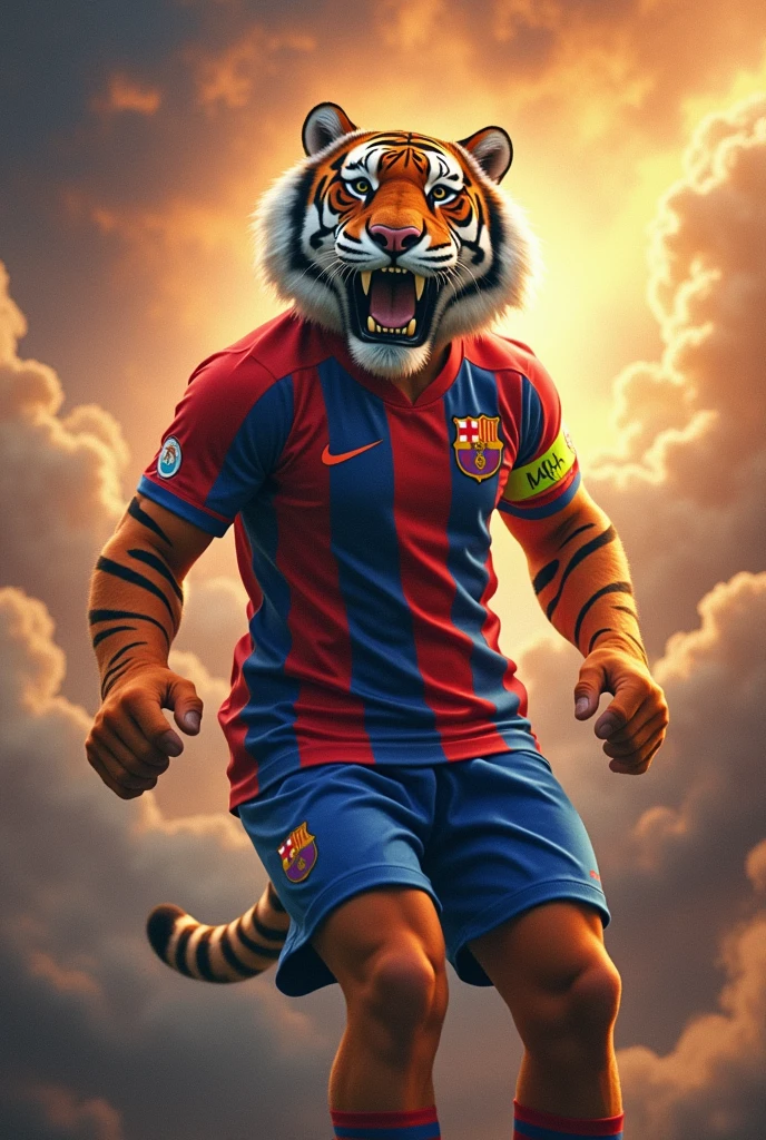 tigre, footballer dress with blue and red uniform, in heaven that says SANTA ANNA, FAS UMBRO SPORTS CLUB