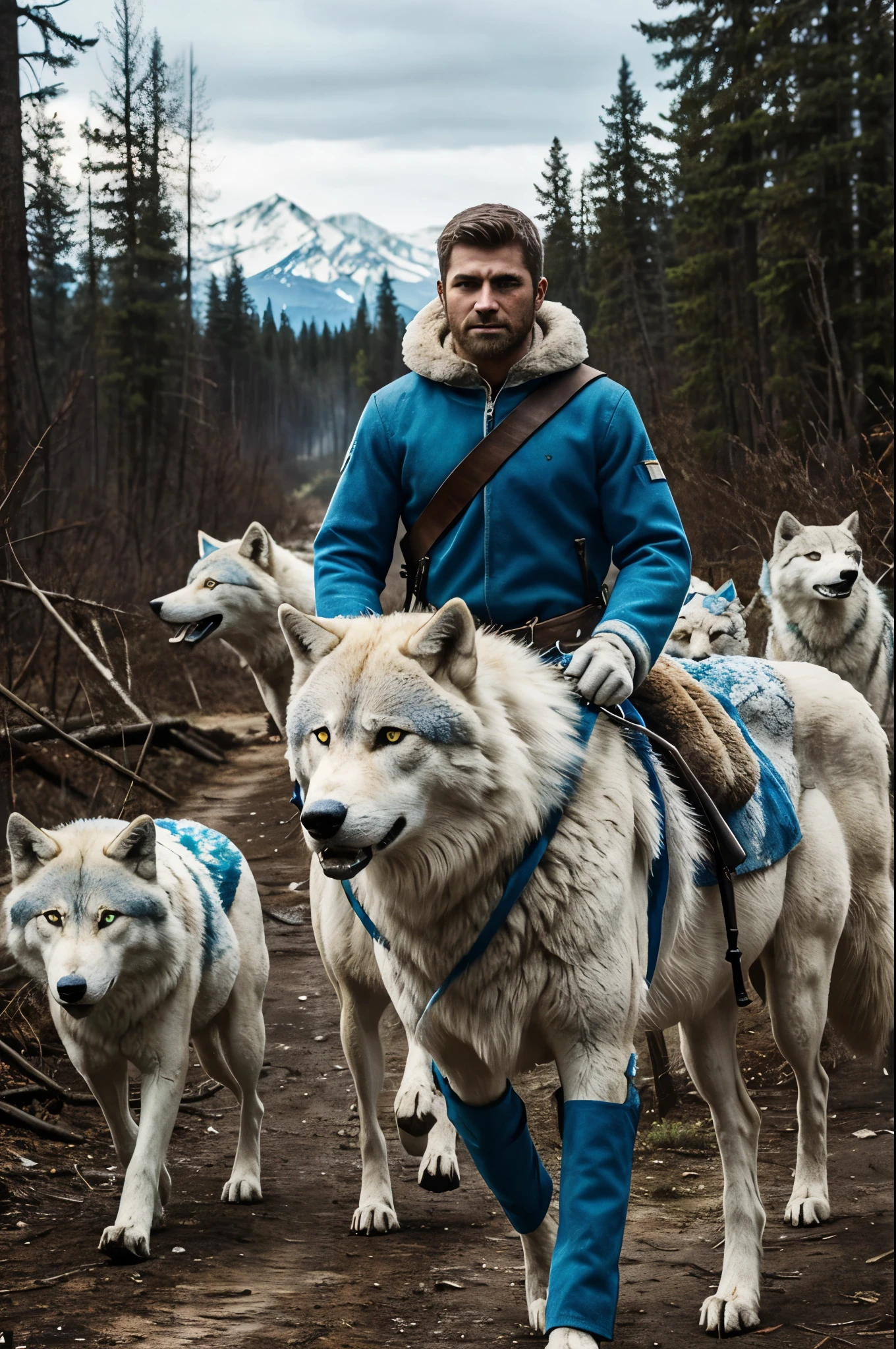 A white and blue furry , blue and green eyes with a scar on one of them. Dressed as a survivor leading a pack of wolves towards their new home while a ruined forest is seen in the background, determination and leadership are shown in his eyes, the furry is armed with a knife and a gun