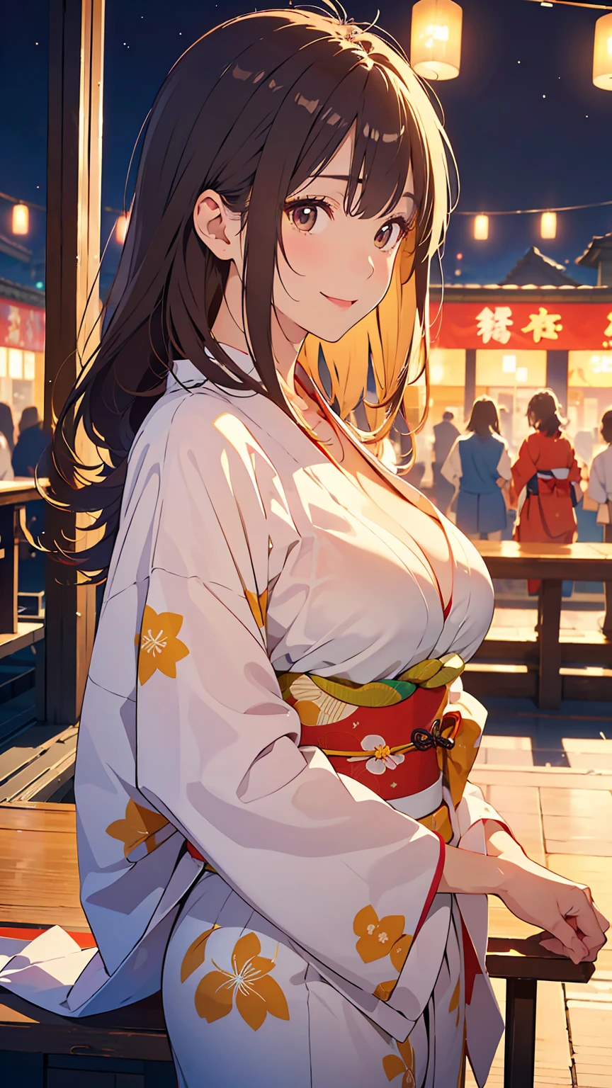 Tabletop, Highest quality, Realistic, In detail, High resolution, 8k wallpaper, Perfect dynamic composition, Beautiful attention to detail, (Shiny Hair, Medium Hair, Wavy Hair), Roll Up Hair, (natural large breasts:1.8),Cute pose, (yukata, yukata, White, Pale yellow), smile, 23 years old, (Droopy Eyes), Adult Beauty, Japanese, ((Seduce, Intimate Relationships)), night, Summer festival, looking at shops,profile,Women enjoying the festival, Enjoy scooping goldfish,