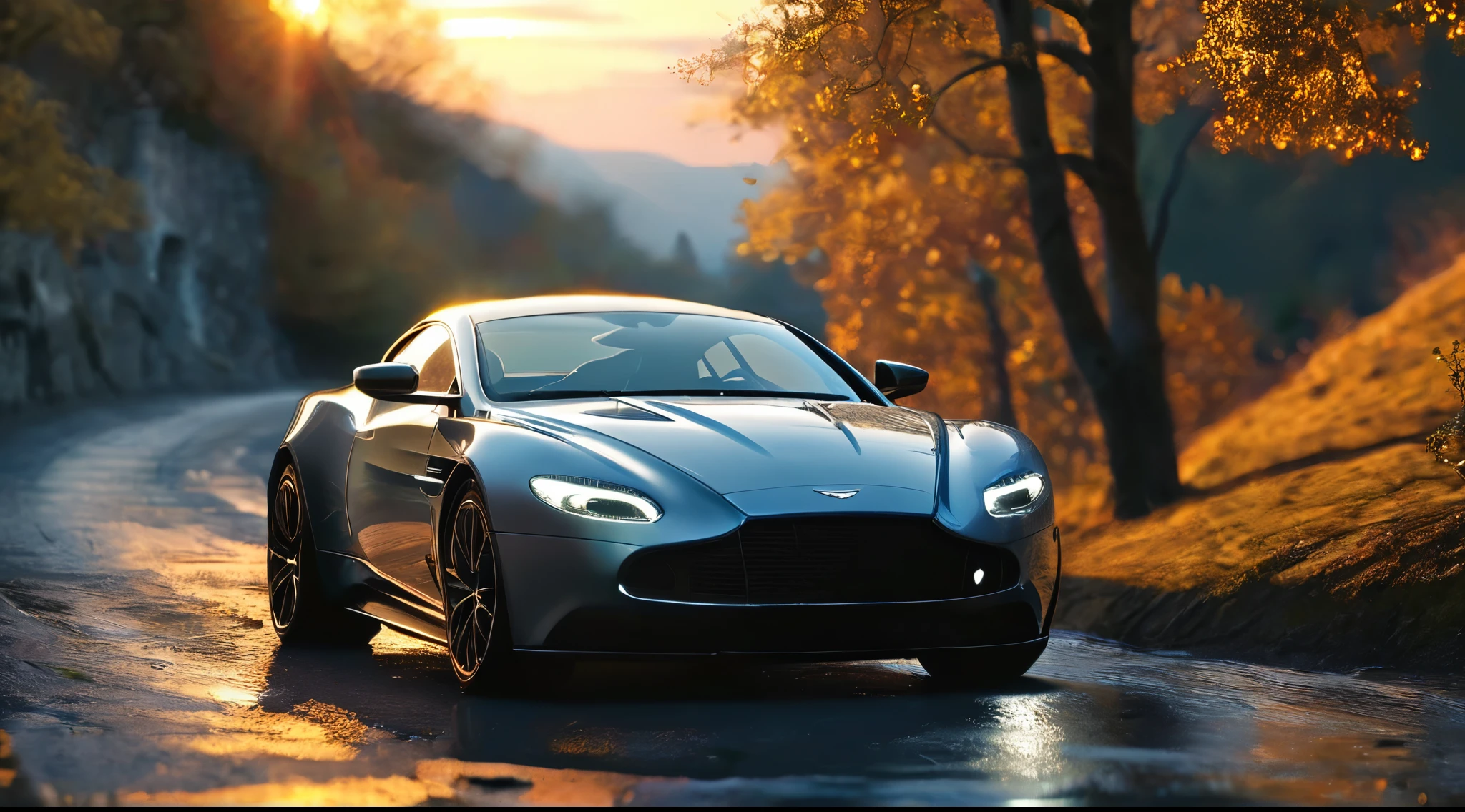 A stunning and realistic CGI rendering of a Aston Martin Lagonda cruising along a quiet mountain pass during sundown. The car's vibrant silver hue stands out against the surroundings, with its headlights illuminating the scene and casting a warm glow on the wet street. Trees are seen in the background. The attention to detail and atmospheric elements create a sense of depth and dimension, immersing the viewer in the Alpin evening scene.