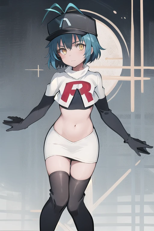 best quality, (masterpiece:1.2), illustration, absurdres, (1girl), (beautiful detailed girl),
Millium Orion, blue hair, short hair, antenna hair, ahoge, yellow eyes,  flat chest,
black hat, headwear,
team rocket,team rocket uniform,white skirt,red letter R,crop top,black thigh-highs,black elbow gloves, 
looking at viewer,