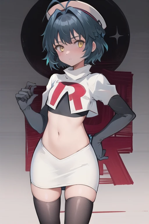 best quality, (masterpiece:1.2), illustration, absurdres, (1girl), (beautiful detailed girl),
Millium Orion, blue hair, short hair, antenna hair, ahoge, yellow eyes,  flat chest,
black hat, headwear,
team rocket,team rocket uniform,white skirt,red letter R,crop top,black thigh-highs,black elbow gloves, 
looking at viewer,