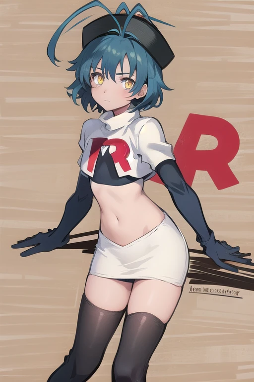 best quality, (masterpiece:1.2), illustration, absurdres, (1girl), (beautiful detailed girl),
Millium Orion, blue hair, short hair, antenna hair, ahoge, yellow eyes,  flat chest,
black hat, headwear,
team rocket,team rocket uniform,white skirt,red letter R,crop top,black thigh-highs,black elbow gloves, 
looking at viewer,