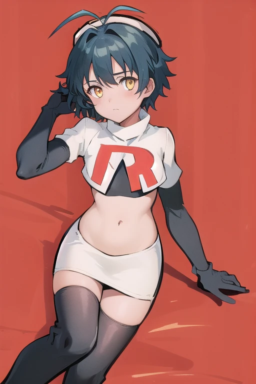 best quality, (masterpiece:1.2), illustration, absurdres, (1girl), (beautiful detailed girl),
Millium Orion, blue hair, short hair, antenna hair, ahoge, yellow eyes,  flat chest,
black hat, headwear,
team rocket,team rocket uniform,white skirt,red letter R,crop top,black thigh-highs,black elbow gloves, 
looking at viewer,