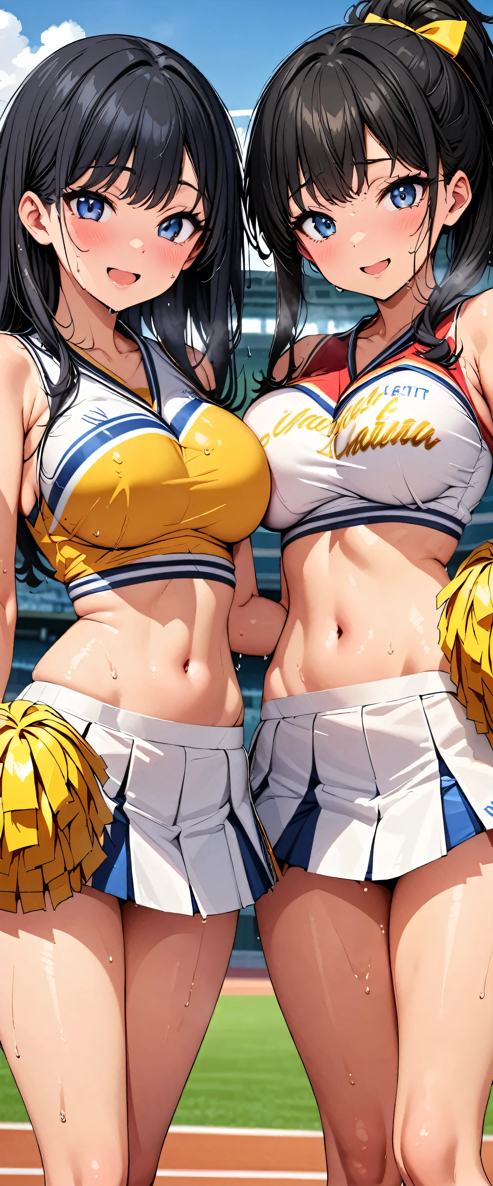 (masterpiece,Highest quality,超A high resolution),One Japanese woman, (((Very beautiful girl))), pretty girl、Look at the photographer、 (()), Very cute face, Glossy lips, Double eyelids on both eyes,Natural smile、 Natural Makeup, Long eyelashes, Shiny and smooth hair、, Perfect limbs, Perfect Anatomy,(((Shiny cheer uniforms,Cheerleader,Cheerleader,Tube top))))Stadium,Wet with sweat,(((Tube top)))((((Open Mouth Smile,))))Black Hair,Big Breasts