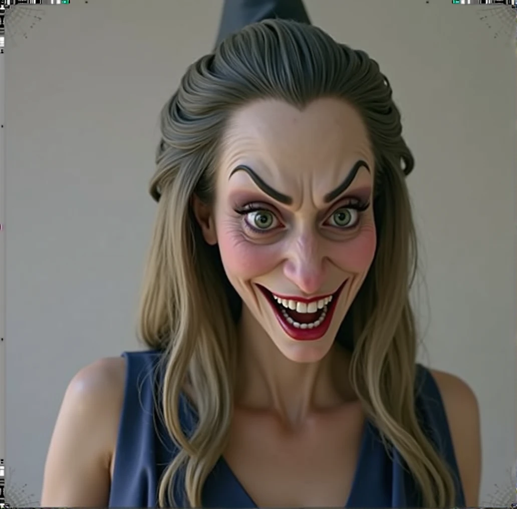 a detailed evil witch with a big nose, big forehead, long hair, raised eyebrows, perfect teeth, wearing a blue dress, evil laugh, cinematic lighting, hyperrealistic, 8k, highly detailed, photorealistic, masterpiece