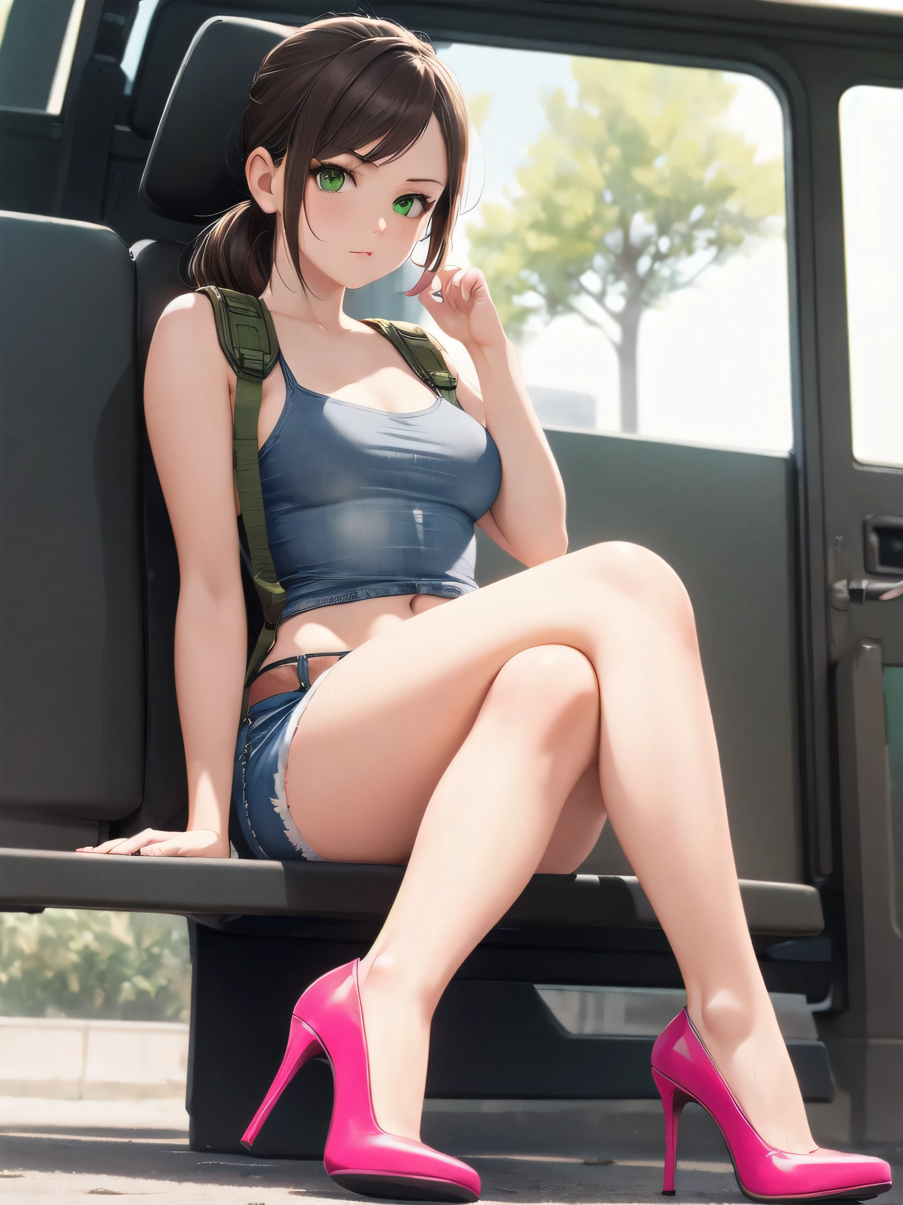 quietmetalgear, ponytail, wide hips, thighs, solo girl, brown hair, ponytail, green eyes, long hair, sitting, crossed legs, pink high heels, j0ng, denim shorts, cutoffs, micro shorts