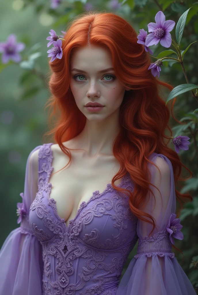 Red-haired snake woman,with purple lavender clothes with purple flowers