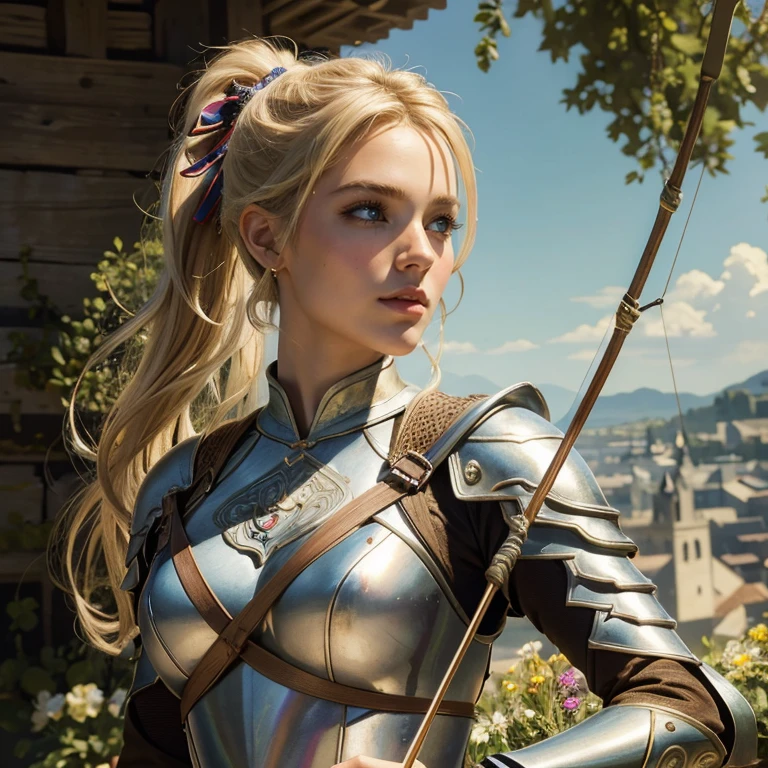 (masterpiece, best quality:1.5), highest quality, High resolution, super detailed, Realists, Upper body photo of a blonde archer , detailed and beautiful eyes, beautiful detailed lips, very detailed eyes and face, longeyelashes, Archer in light armor, Noble details on the armor. Beautiful and colorful makeup, ponytail hairstyle, Gardens as background, bright daylight, bright colors, fine brushstrokes, Portrait style, beautiful color palette, glowing skin, First-class rendering, that captures every detail, enchanting atmosphere, (perfect anatomy:1.2), (The stunning archer holds a bow. (magnificent panorama view:1.2)