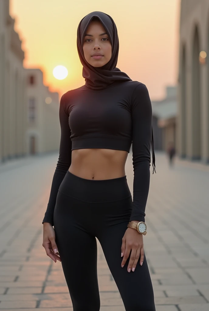 A photo of a age 19 athletic hourglass-figured woman wearing a tight hijab in Abu Dhabi