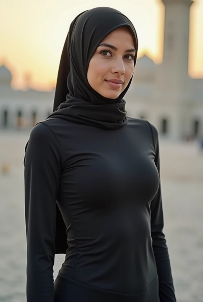 A photo of a age 19 athletic hourglass-figured woman wearing a tight hijab in Abu Dhabi