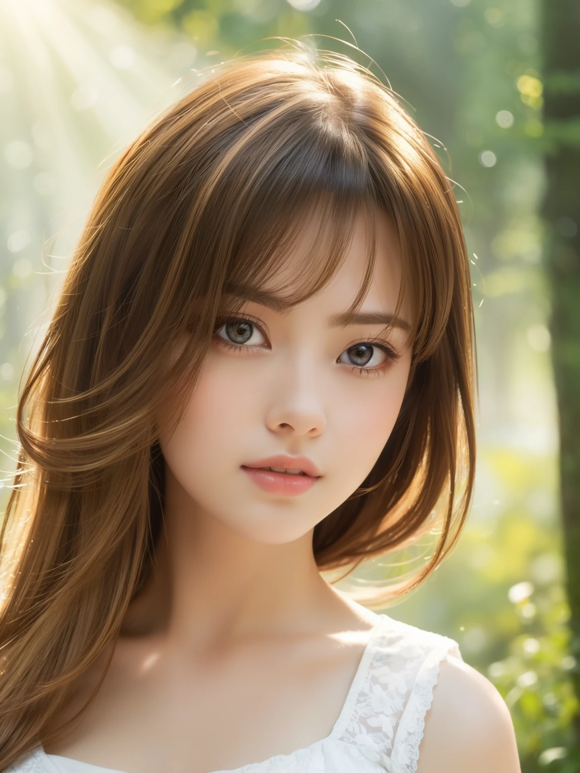 masterpiece, highest quality, High resolution, wallpaper, realistic, (bright lighting:1.4), professional lighting, face light, smooth lighting, (shoot from front:1.8), 1 girl, closeup-face, cute, sleepy, open mouth to say something, shy, Beautiful girl, sexy, super beautiful, beautiful skin, beautiful and detailed eyes、detailed face、slim、moderately, half updo, brunette colored hair, brown eyes, Professional Photography, Bokeh, Portrait, The morning sunlight shines through the misty forest path. white Summer Dresses,