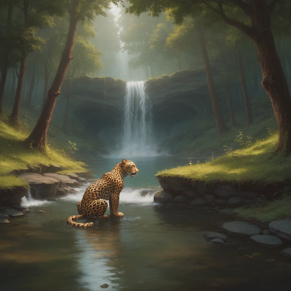 maozonia indigenous girl, 18 years old, bathing in a river, in the middle of the forest, a jaguar watching from afar, sad, Clockpunk, Gamercore, street level view, Blender rendering, 100mm, Sculpture, iridescent colors, Medicalcore, strobe lighting, ultra realistic, photorealistic, octane render, unreal engine, hyper detailed, volumetric lighting, hdr, octane render, fantasy 4k 8K