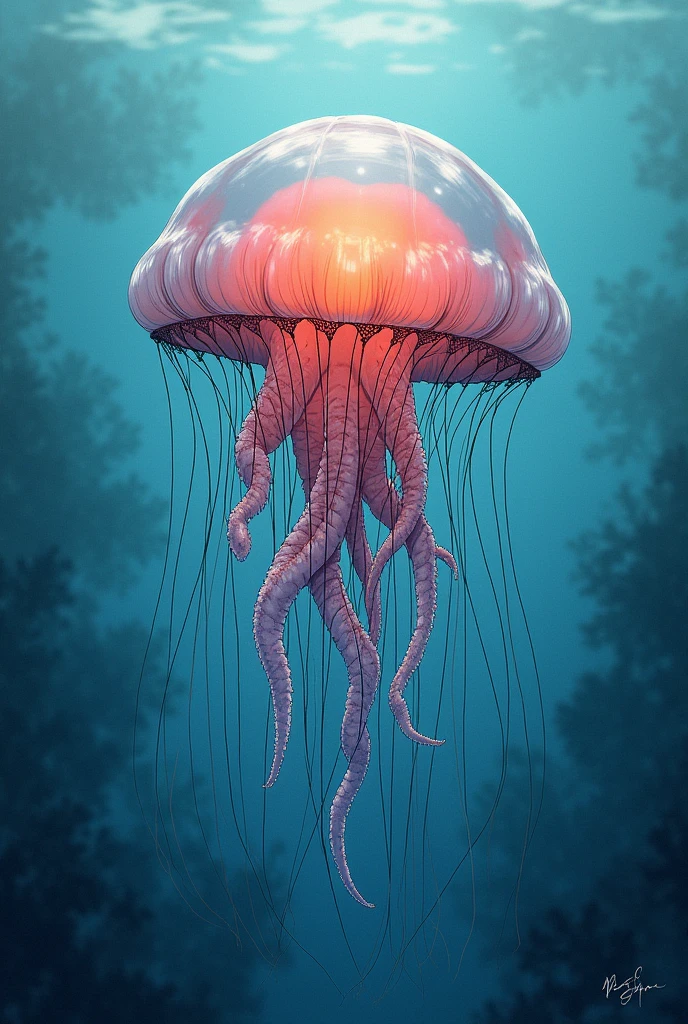 Drawing of an organism of the cubozoa class, order cubomedusae of the phylum Cnidaria