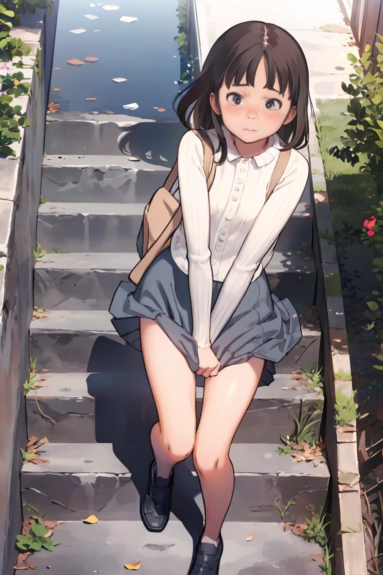 animese anime girl in skirt and blouse, walking up the stairs, 1girl, stairs, skirt, brown hair,long hair,solo, grey skirt, ((((long skirt)))),school uniform, pleated skirt,(((covering ass))), blush, long sleeves, bangs,(( from above)),full body,White panties,bag,clothes tug, skirt tug, wind, wind lift