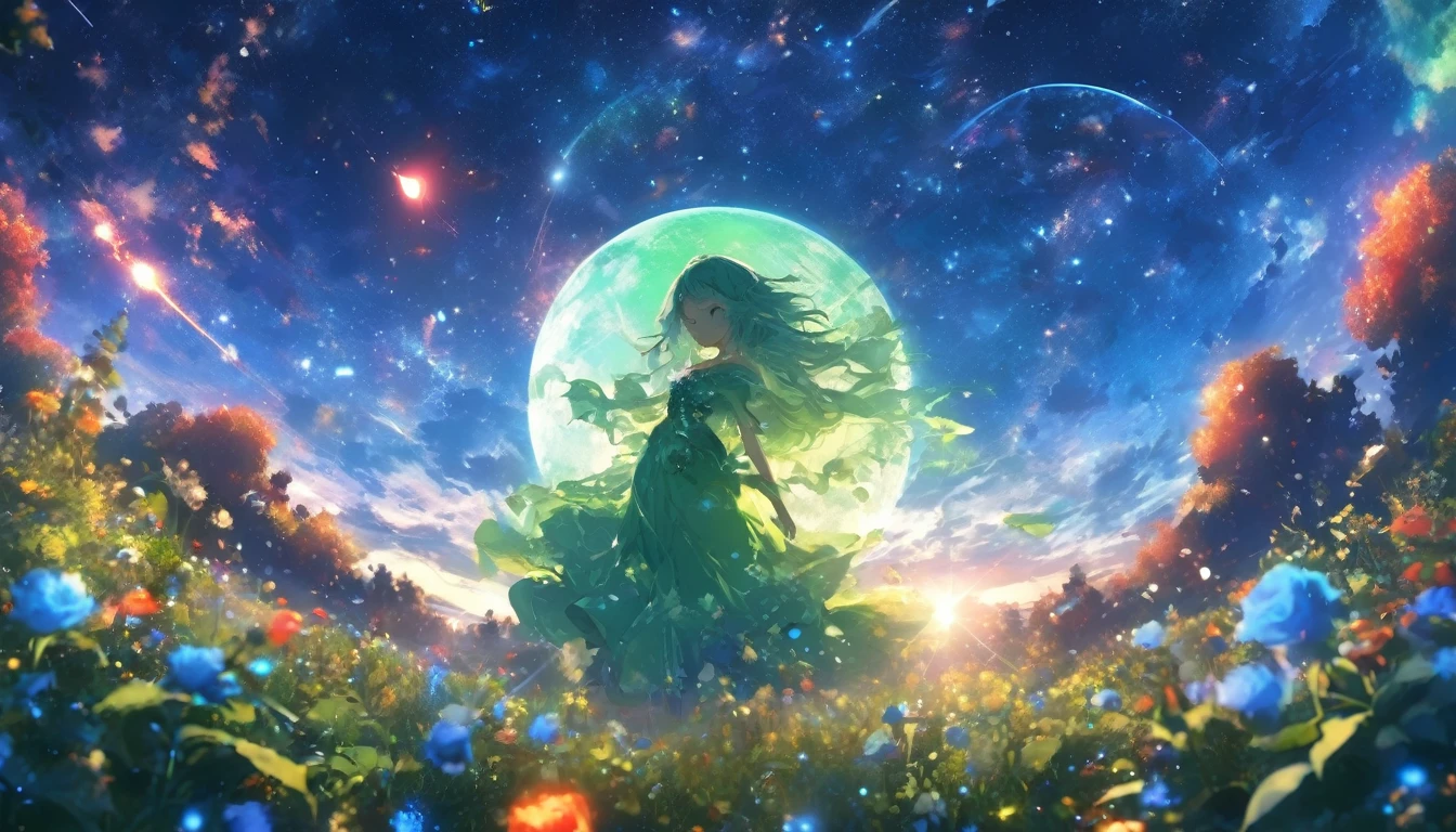 masterpiece, Concept Art, Panorama, in the center, shape, Wide Shot, garden, night, (meteor), Space galaxy background, (Great composition, Epic Scale), Dynamic Lighting, Bright colors, Blue rose,Landscape Long Eyelashes, Round eyes, Silver Hair, Half-closed eyes, sad, Cast a Shadow, Anaglyph, Stereogram, tachi-e, Atmospheric perspective, Wide Shot, reflected light, 8k, Super Detail, Highest quality, Anatomically correct, green