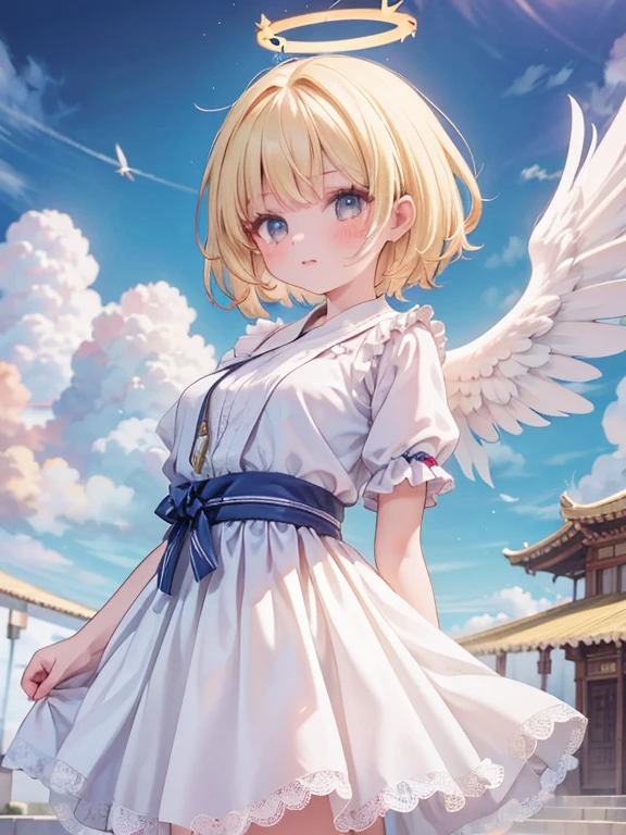 masterpiece, Highest quality, Very detailed, 16K, Ultra-high resolution, Cowboy Shot, , Detailed face, Perfect Fingers, Angel halo on head, Golden Eyes, blonde, short hair, Thin and light clothing, Lace clothes, Angel wings growing on the back, Above the Clouds, In front of the temple