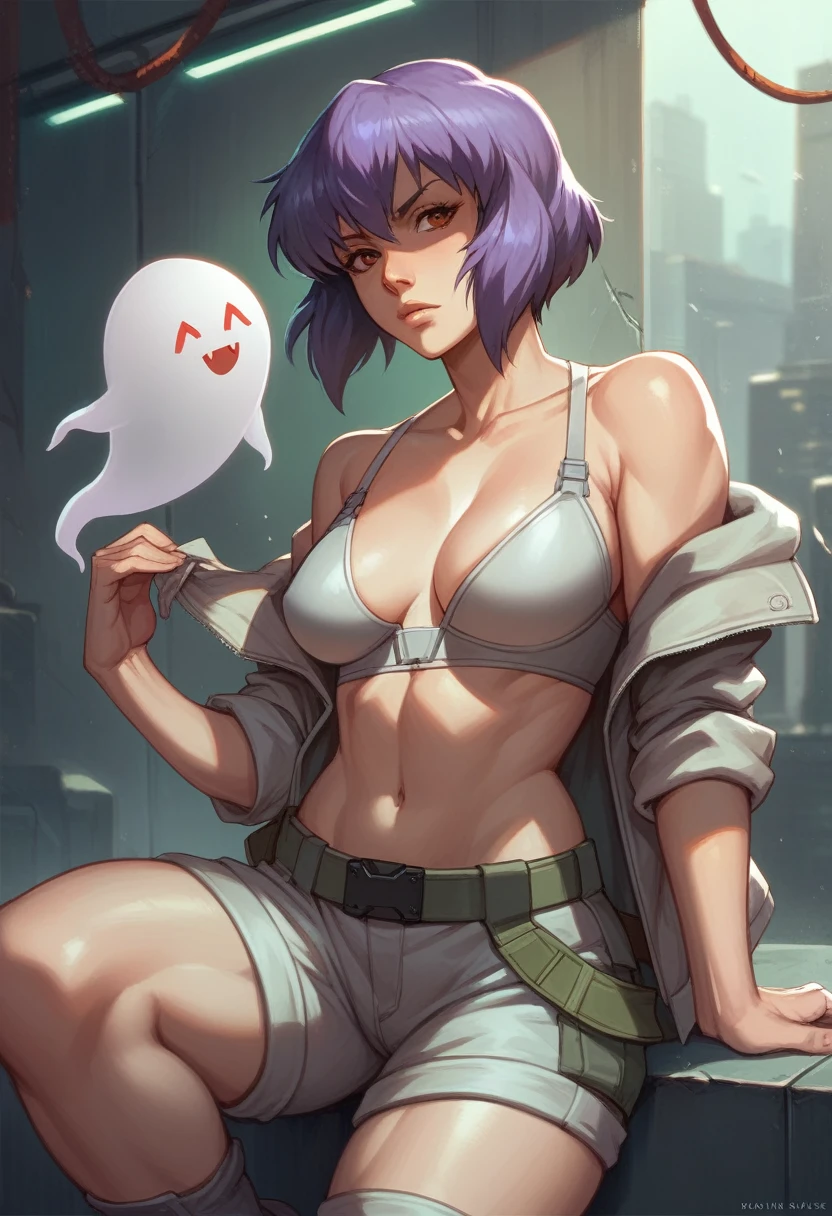 Ghost in the Shell&#39;s Motoko urinates in large quantities on the roof of a skyscraper while looking down at the skyscrapers at night、garter belt