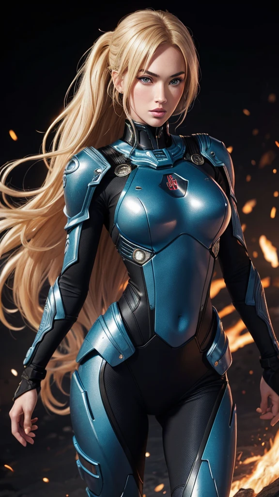 Megan fox (Masterpiece: 1.4, highest quality), (intricate details), Unity8k wallpaper, super detailed, beautiful and mysterious, detailed background, realistic, solo, perfect detail face, detailed blue eyes, very detailed, blush, hair ornament, chignon mahogany hair, (blonde hair), plug suit 02,Shikinami Asuka Langley, Evangelion, slender -yeld gi full body suit, black background, Above the waist