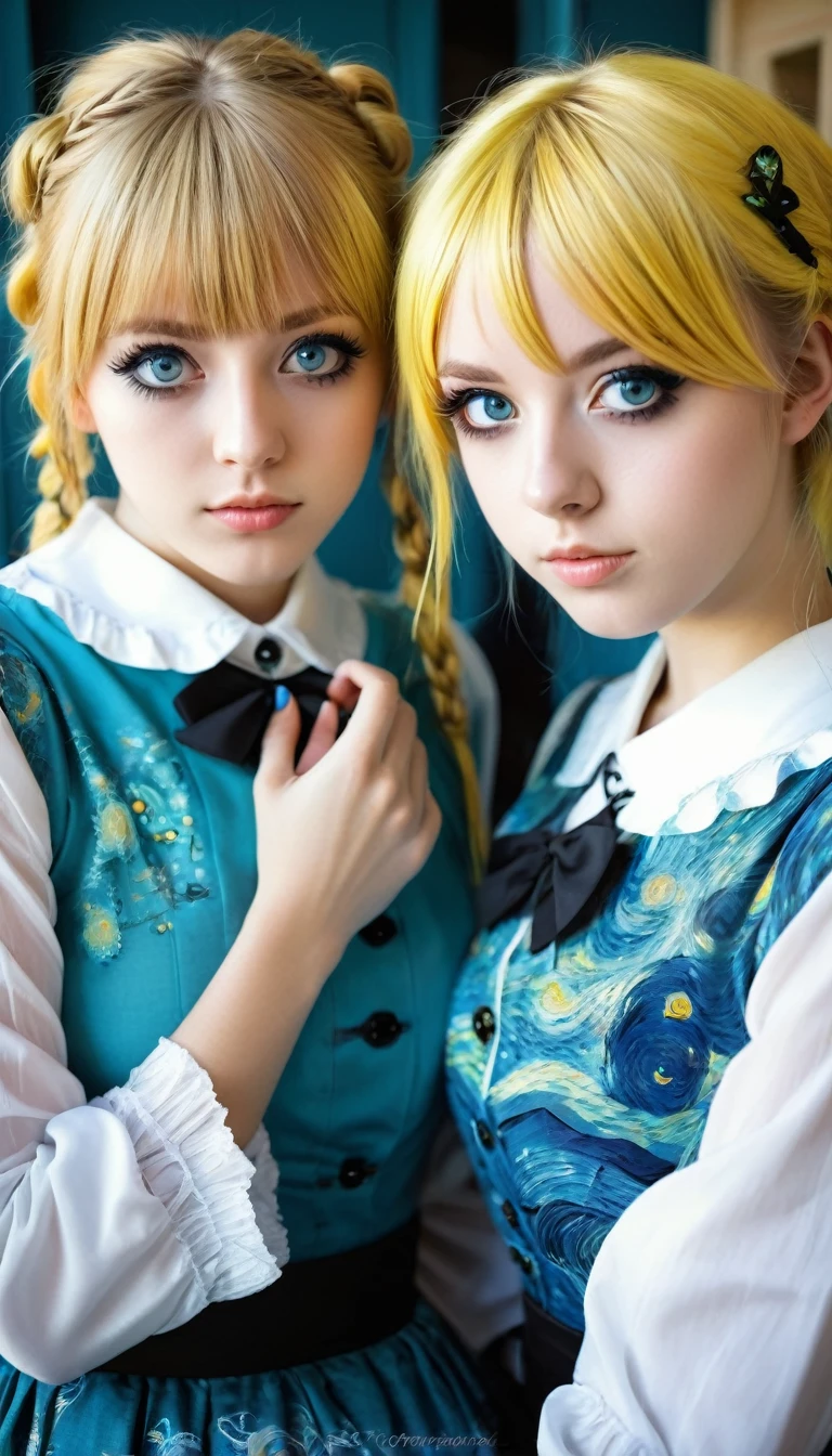 2 german teen-girls cosplaying manga girls, manga like eyes, van gogh style picture