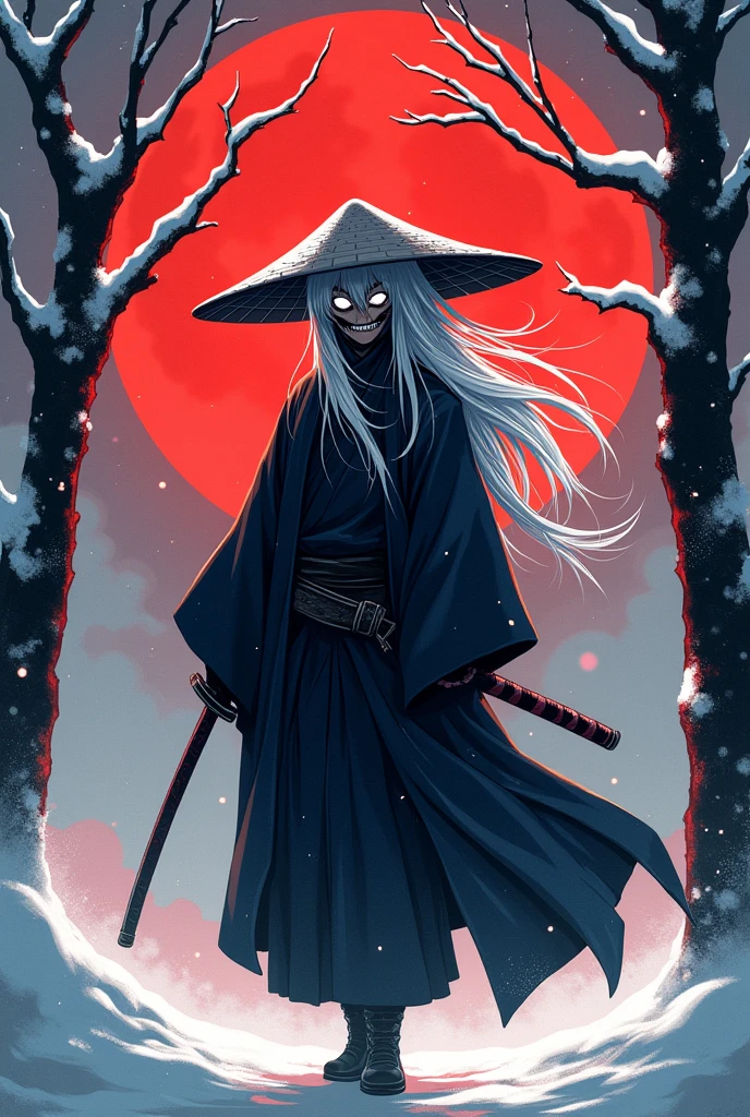Anime style, 2d, Silhouette,Swordsman, samurai clothing, wearing a Jingasa straw hat, his bright white eyes, negated atmosphere, wearing a mask with a mischievous smile, Long silver hair, ice power, , grayish, sinister atmosphere, ice aura on him, snowy atmosphere, red full moon, Walking on snowWalking on snow tree, Silhouette, silhouette . Japanese fantasy anime style, character design, 