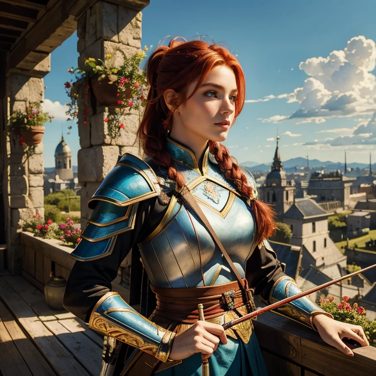 (masterpiece, best quality:1.5), highest quality, High resolution, super detailed, Realists, Upper body photo of a red-haired archer , detailed and beautiful eyes, beautiful detailed lips, very detailed eyes and face, longeyelashes, Archer in light blue armor, Noble details on the armor. Beautiful and colorful makeup, ponytail hairstyle, Gardens as background, bright daylight, bright colors, fine brushstrokes, Portrait style, beautiful color palette, glowing skin, First-class rendering, that captures every detail, enchanting atmosphere, (perfect anatomy:1.2), (The stunning archer holds a bow. (magnificent panorama view:1.2)