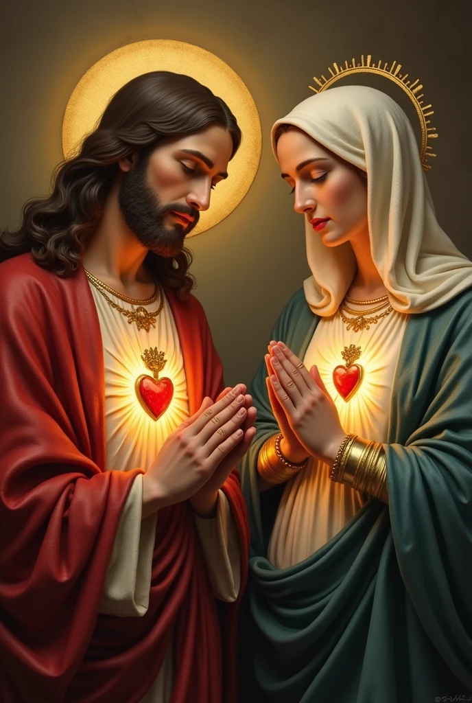 Sacred Heart of Jesus and Immaculate Heart of Mary side by side with hands in prayer position