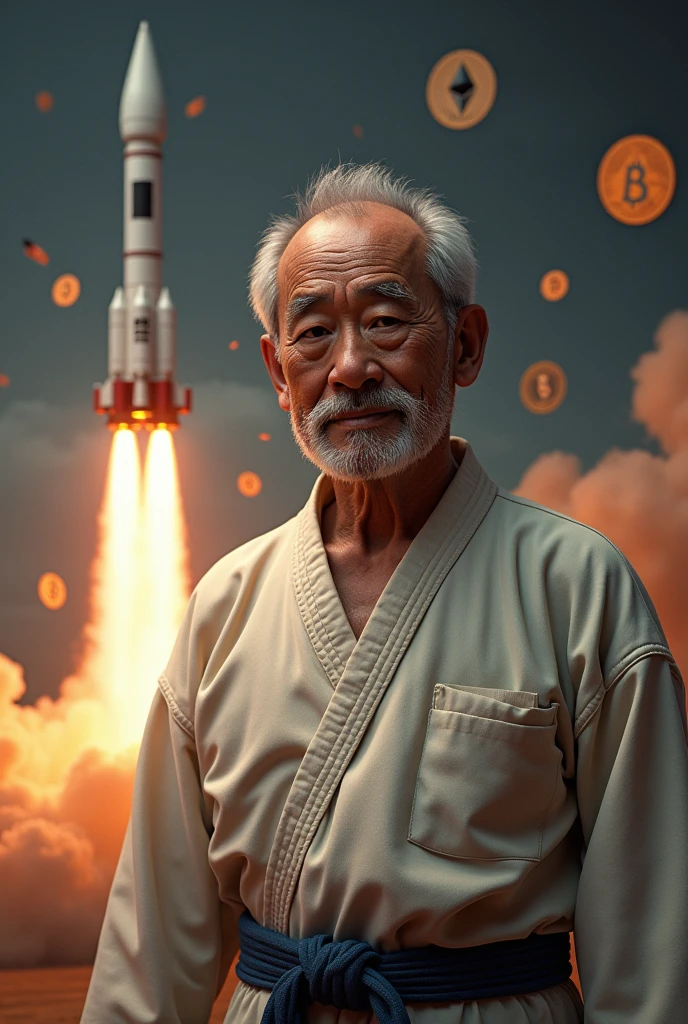 Can you send me a high resolution and realistic picture of Mr Miyagi (Karate kid) create. In the background you can see a rocket and various cryptocurrencies. 