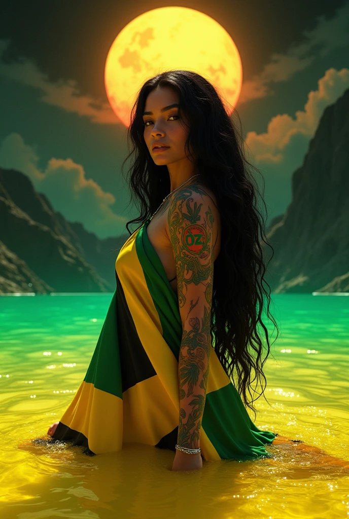 Inside a gold luxury liquid, a { Higher resolution of a baddie caramel, latina blasian mixed women, big booty, perfect body , colorful tattoos ,glossy skin extremely long glossy black hair touching the floor, Wrapped in a Jamaican flag that says”OZ”}, laying in a neon green and yellow ink pool, a dark sky with a huge solar eclipse, THE FLAG HAS A LOGO THAT SAYS”OZ”