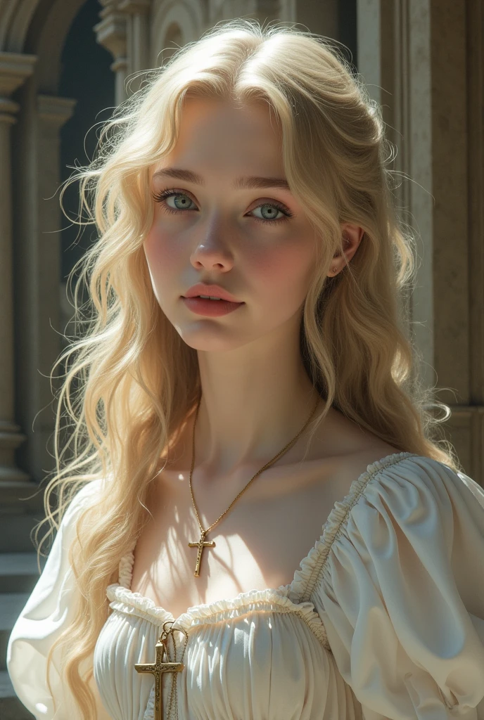 A girl with long, wavy light blonde hair, light blue almond-shaped eyes, eyebrows somewhat thin but perfect, long blonde eyelashes, pink and medium lips, turned up nose and pale skin, with a crucifix necklace, and a white medieval style dress