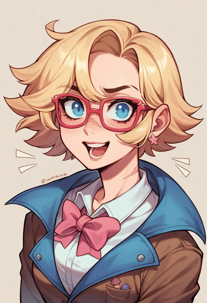 Kate is a girl with short light blonde hair with very light blue eyes, she has a small scar on top of her nose and glasses, she is charismatic, sarcastic and ironic but in a fun, good way, she is a American musical artist, record producer, and YouTuber who creates original songs, remixes, and covers based on popular topics like video games and memes. Therefore, her style of music is pop and electronic. She is extremely popular and has some of her songs in hidden Easter eggs in games, she wears two pink bows on her hair, Kate is also famous for doing collabs with other singers with a great vocal.