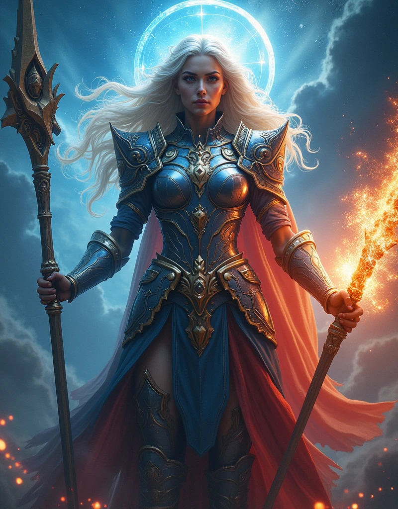 (Goddess of Power:1.4), (masterpiece:1.4, best quality), (photo realistic:1.4), imposing and commanding presence, with an expression of strength and authority, dressed in a powerful and ornate armor that combines ancient and modern elements, (armor adorned with symbols of power and energy:1.2), (hair flowing with dynamic energy, glowing with electric hues:1.2), (piercing eyes radiating confidence and control:1.2), holding a staff or scepter emitting crackling energy or light, surrounded by a swirling aura of raw power, (background of a dramatic, cosmic scene with swirling galaxies or stormy skies:1.2), (dynamic lighting highlighting her form and the energy she wields:1.2), (bold and striking pose that emphasizes her dominance and strength:1.2), rich textures, intense and vibrant colors, (deep blues:1.2), (fiery reds:1.2), (electric whites and silvers:1.2), (dynamic composition with sharp contrasts and powerful lines:1.2), high-quality and detailed, (awe-inspiring and majestic atmosphere:1.2), transcendent and formidable, perfect image quality, symbolizing ultimate strength, authority, and the essence of power, captivating and commanding presence