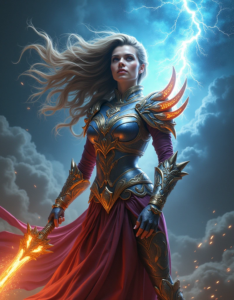 (Goddess of Power:1.4), (masterpiece:1.4, best quality), (photo realistic:1.4), imposing and commanding presence, with an expression of strength and authority, dressed in a powerful and ornate armor that combines ancient and modern elements, (armor adorned with symbols of power and energy:1.2), (hair flowing with dynamic energy, glowing with electric hues:1.2), (piercing eyes radiating confidence and control:1.2), holding a staff or scepter emitting crackling energy or light, surrounded by a swirling aura of raw power, (background of a dramatic, cosmic scene with swirling galaxies or stormy skies:1.2), (dynamic lighting highlighting her form and the energy she wields:1.2), (bold and striking pose that emphasizes her dominance and strength:1.2), rich textures, intense and vibrant colors, (deep blues:1.2), (fiery reds:1.2), (electric whites and silvers:1.2), (dynamic composition with sharp contrasts and powerful lines:1.2), high-quality and detailed, (awe-inspiring and majestic atmosphere:1.2), transcendent and formidable, perfect image quality, symbolizing ultimate strength, authority, and the essence of power, captivating and commanding presence
