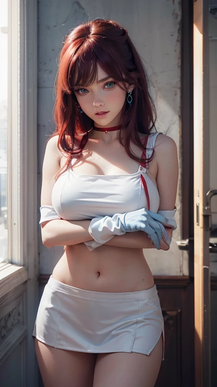 High-quality, SFW fashion photoshoot featuring Asuka Langley Soryu from Neon Genesis Evangelion. Beautiful mixed German babe with an athletic bust, long red hair in twintails, and a flawless skin tone. She wears a Japanese high school costume – white shirt, light blue vest, and a blue medium skirt. The portrait captures an intense, disappointed gaze with dramatic lighting. The setting includes a red studio backdrop, ensuring a professional touch. The photos encompass close-up and front-view shots, providing a blend of realism and anime influence.