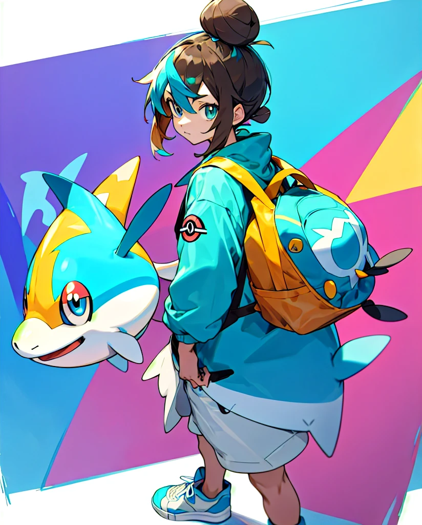 Do then

Pokemon style drawing.  Light brown bun hair, slickedback hair, dark shaped eyes. Turquoise jacket, short azul, white sneakers. Com mochila tye dye. Next to pokemon mudkip.