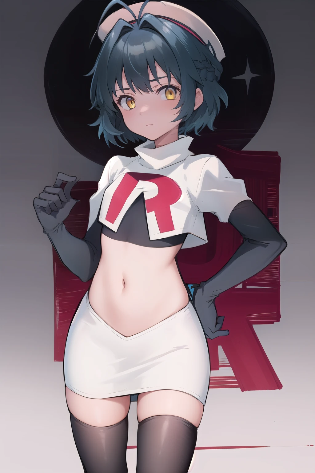 best quality, (masterpiece:1.2), illustration, absurdres, (1girl), (beautiful detailed girl),
Millium Orion, blue hair, short hair, antenna hair, ahoge, yellow eyes,  flat chest,
black hat, headwear,
team rocket,team rocket uniform,white skirt,red letter R,crop top,black thigh-highs,black elbow gloves, 
looking at viewer,