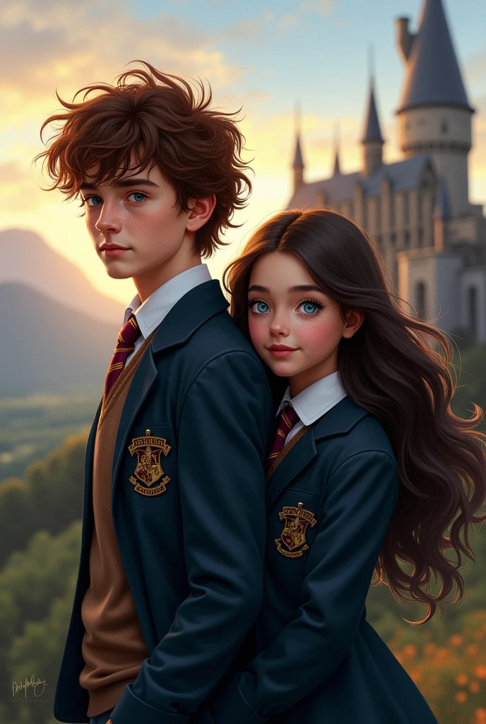 Newt scamander as a young next to a girl with long dark brown hair and blue eyes, both in Hogwarts uniform book cover