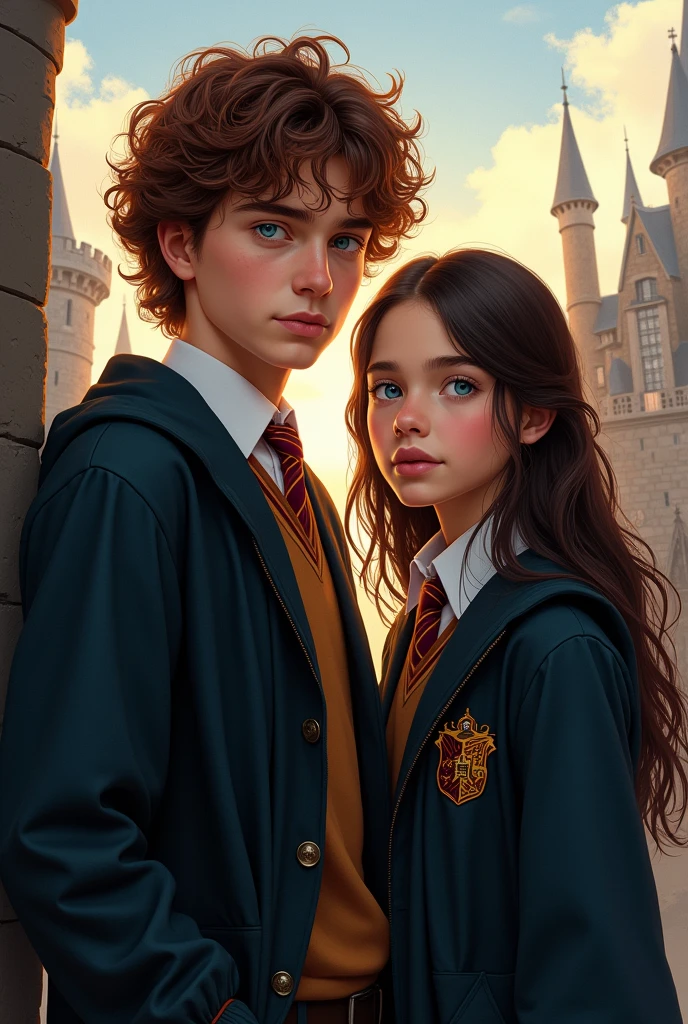 Newt scamander as a young next to a girl with long dark brown hair and blue eyes, both in Hogwarts uniform book cover 