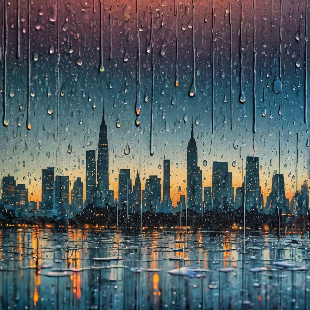 Drawing from water droplets on frosted glass, showing the landscape behind through the water droplets, Jochen Mühlenbrink style, soggy, masaccio, a 1990s poster style with rainy details, colorful with vibrant colors, (low-light, breathtaking panoramic:1.3), night newyork city background, rainny, light reflection at the background, acrilic art paint
